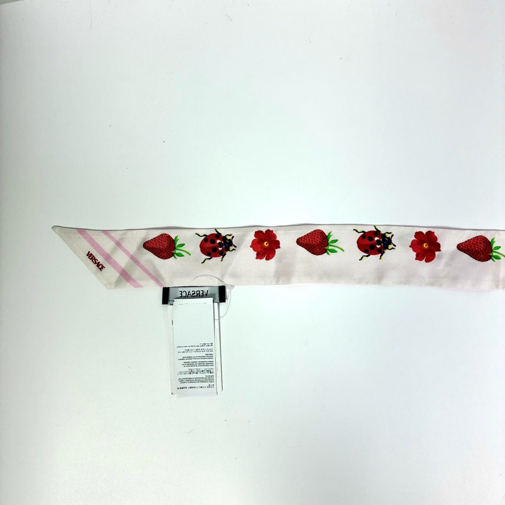 Versace Strawberry Garden Silk Skinny Twill Scarf Tie Logo Pink Red NWT - Picture 14 of 16
